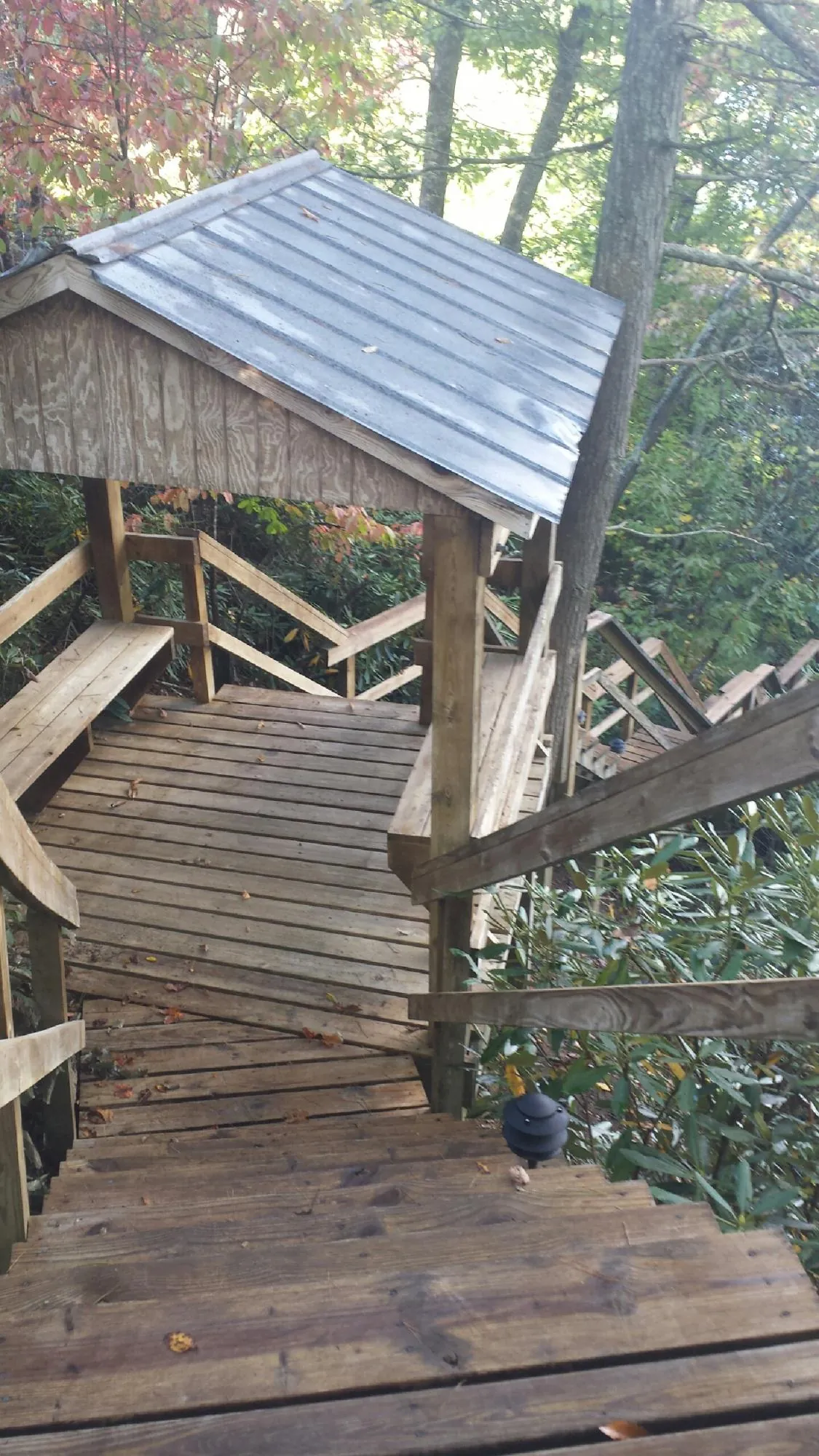 Metal roofed shelter over wooden steps on a wooded walkway — Skylight Repair & Installation work by our crew in Eubank